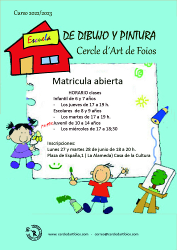 Cartel del evento Matrículas abierta -Talleres escolares de Dibujo y Pintura