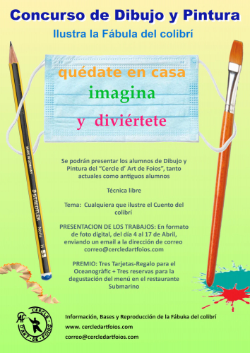Cartel del evento Quédate en casa imagina y diviértete- Ilustra a fábula del colibrí.